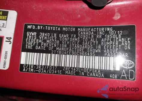 2013 Toyota Corolla S из США, поврежденный, VIN 2T1BU4EE9DC966495